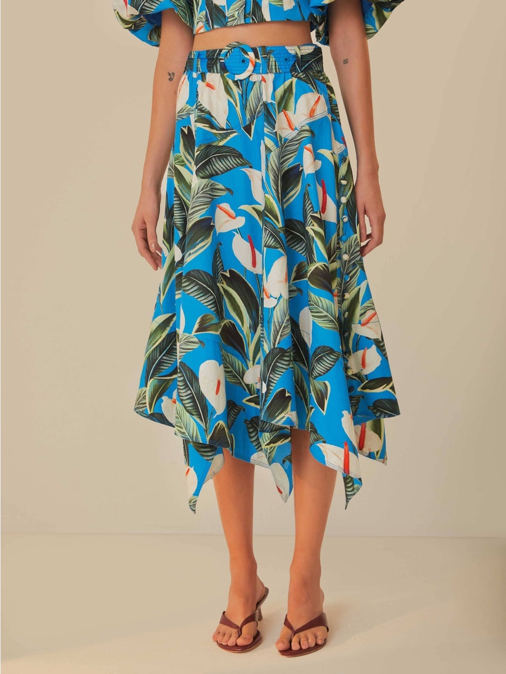 FARM Rio Turquoise Tropical Asymmetrical Handkerchief Hem Skirt